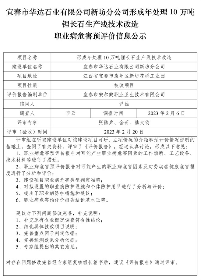 宜春市華達石業(yè)有限公司新坊分公司形成年處理10萬噸鋰長石生產(chǎn)線技術改造職業(yè)病危害預評價信息公示.jpg