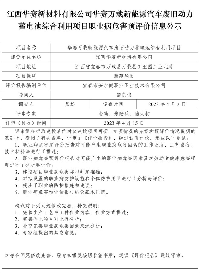 江西華賽新材料有限公司華賽萬載新能源汽車廢舊動力蓄電池綜合利用項(xiàng)目職業(yè)病危害預(yù)評價信息公示.jpg